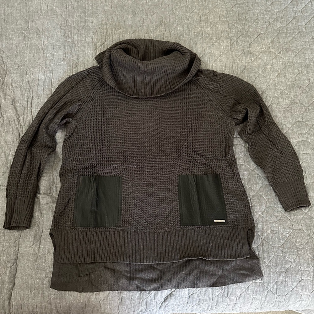 Michael Kors cowl neck charcoal gray sweater with leather pockets - size L